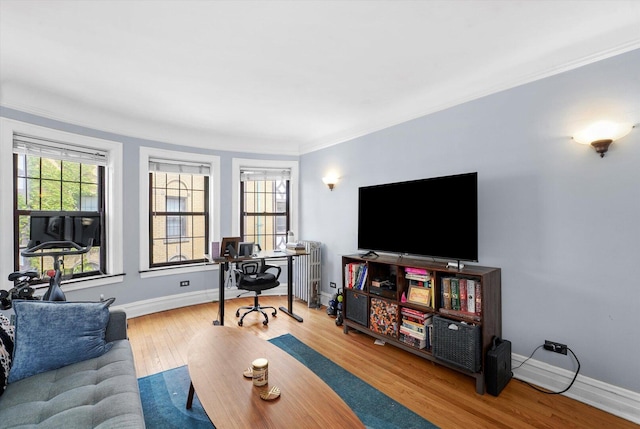 living area featuring a desk, wood finished floors, baseboards, ornamental molding, and radiator