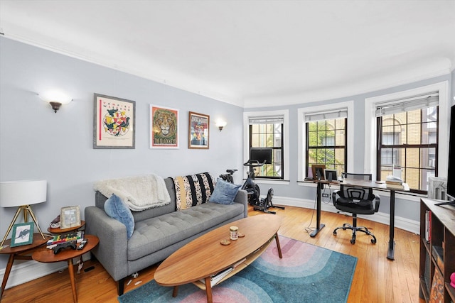 living area featuring an office area, light wood-style flooring, crown molding, and baseboards