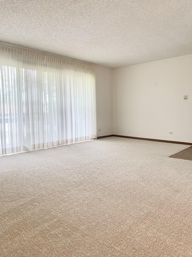 spare room with carpet floors, a textured ceiling, and baseboards
