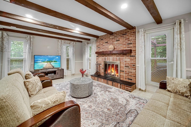 320 Brampton Ln, Arlington Heights, IL 60004 - living area featuring a brick fireplace, beamed ceiling, plenty of natural light, and tile patterned floors