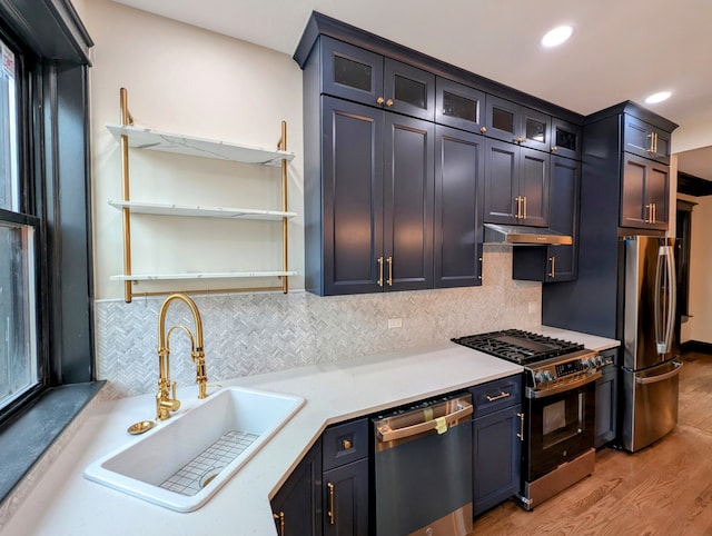 7411 S Champlain Ave, Chicago, IL 60619 - kitchen with appliances with stainless steel finishes, a sink, under cabinet range hood, light wood-style floors, and recessed lighting