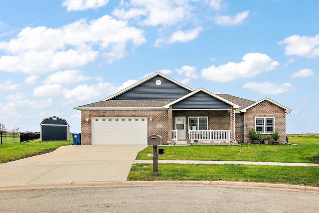 view of front of house featuring covered porch, brick siding, an attached garage, and concrete driveway