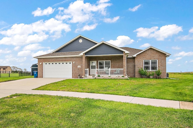 single story home with covered porch, brick siding, concrete driveway, and an attached garage