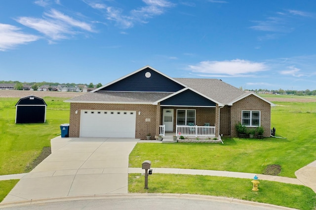 ranch-style house featuring a porch, a garage, driveway, brick siding, and a front yard