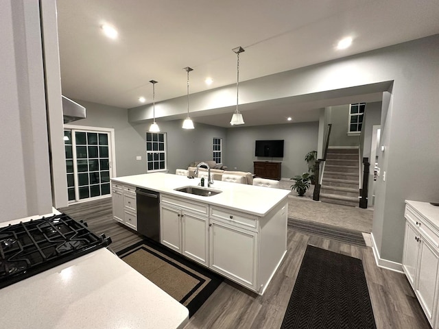 32052 N Great Plaines Ave, Lakemoor, IL 60051 - kitchen featuring a sink, dishwasher, dark wood-style floors, a kitchen island with sink, and light countertops