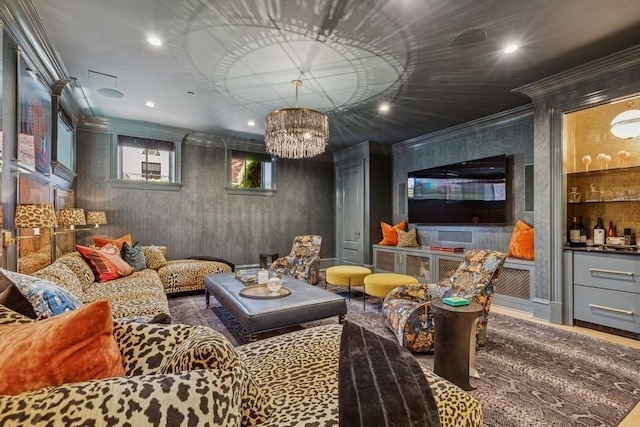1855 N Hermitage Ave, Chicago, IL 60622 - living area with crown molding, recessed lighting, and a chandelier
