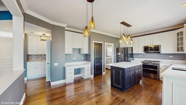 8 Georgetown Ct, Algonquin, IL 60102 - kitchen featuring stainless steel appliances, white cabinets, a chandelier, dark wood-style flooring, and glass insert cabinets
