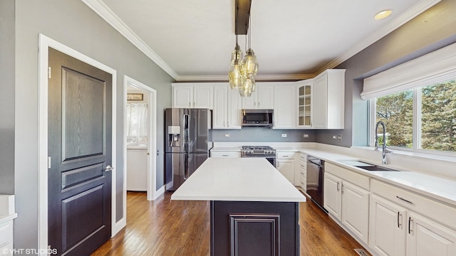 8 Georgetown Ct, Algonquin, IL 60102 - kitchen featuring appliances with stainless steel finishes, a sink, glass insert cabinets, white cabinets, and dark wood-type flooring