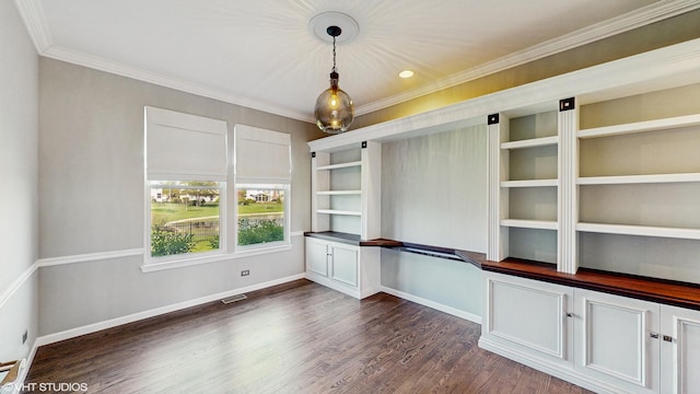 8 Georgetown Ct, Algonquin, IL 60102 - unfurnished dining area with dark wood-style flooring, crown molding, and baseboards