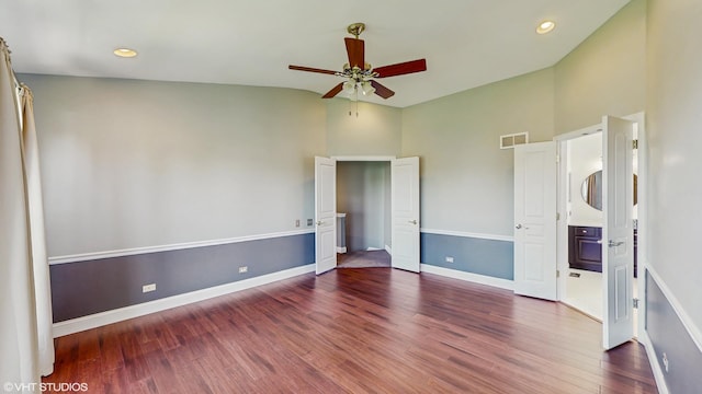 8 Georgetown Ct, Algonquin, IL 60102 - unfurnished bedroom featuring wood finished floors, high vaulted ceiling, baseboards, recessed lighting, and ceiling fan