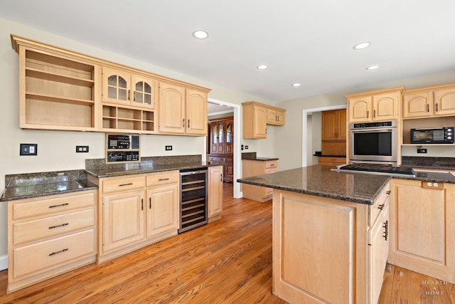 4302 Fox Creek Dr, Crystal Lake, IL 60012 - kitchen featuring wine cooler, light brown cabinets, appliances with stainless steel finishes, open shelves, and light wood-style floors