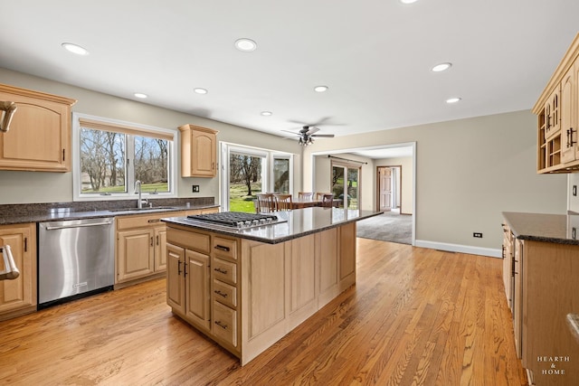 4302 Fox Creek Dr, Crystal Lake, IL 60012 - kitchen with stainless steel appliances, light brown cabinetry, a sink, and recessed lighting