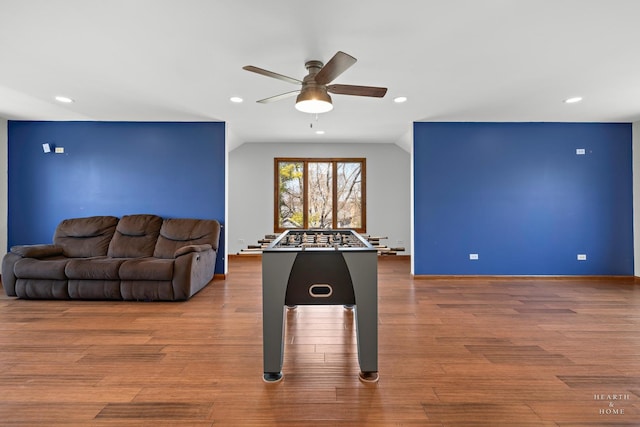 4302 Fox Creek Dr, Crystal Lake, IL 60012 - game room with ceiling fan, vaulted ceiling, recessed lighting, and wood finished floors