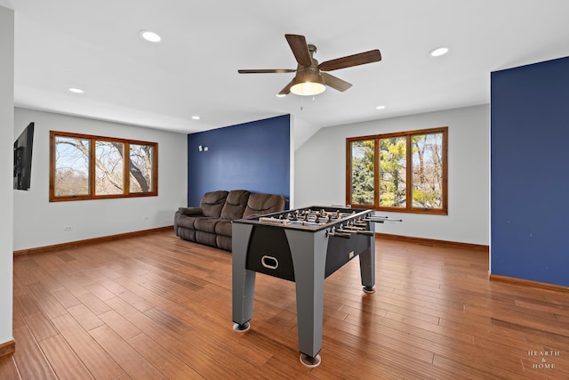 4302 Fox Creek Dr, Crystal Lake, IL 60012 - recreation room featuring healthy amount of natural light, ceiling fan, recessed lighting, wood finished floors, and baseboards