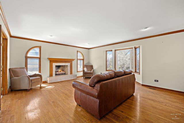 4302 Fox Creek Dr, Crystal Lake, IL 60012 - living room with wood finished floors, baseboards, a fireplace, and crown molding