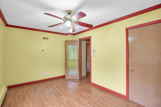 2109 Grange Dr, Urbana, IL 61801 - empty room featuring wood finished floors, ceiling fan, ornamental molding, and a baseboard heating unit
