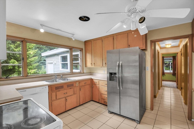 2109 Grange Dr, Urbana, IL 61801 - kitchen with white appliances, light tile patterned flooring, light countertops, and a ceiling fan