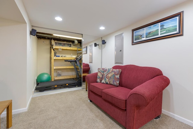 workout area featuring electric panel, carpet flooring, recessed lighting, and baseboards