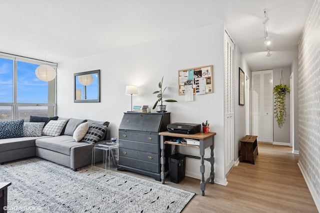 6171 N Sheridan Rd Unit 2704, Chicago, IL 60660 - living room featuring light wood finished floors, rail lighting, baseboards, and floor to ceiling windows