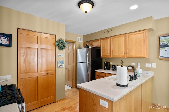 kitchen featuring appliances with stainless steel finishes, a peninsula, light countertops, light wood finished floors, and a sink