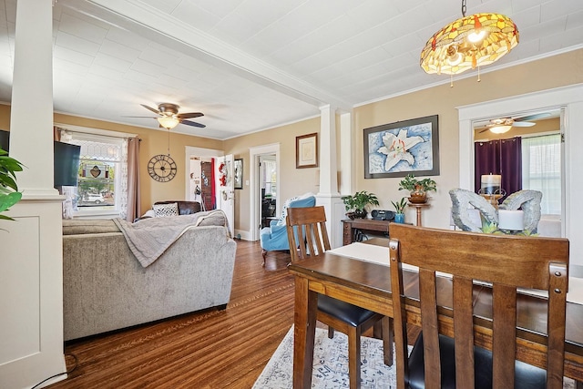 1009 W Madison St, Ottawa, IL 61350 - dining area featuring ceiling fan, decorative columns, plenty of natural light, and crown molding