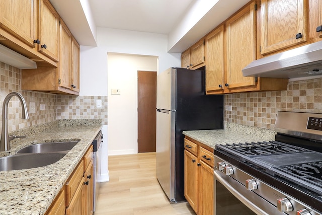 2212 Country Club Dr Unit 2, Woodridge, IL 60517 - kitchen with appliances with stainless steel finishes, a sink, under cabinet range hood, light wood-style flooring, and backsplash