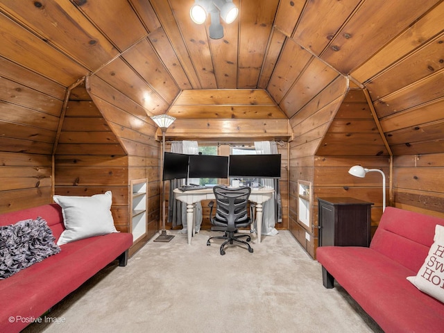 carpeted office space with vaulted ceiling, wood walls, and wood ceiling
