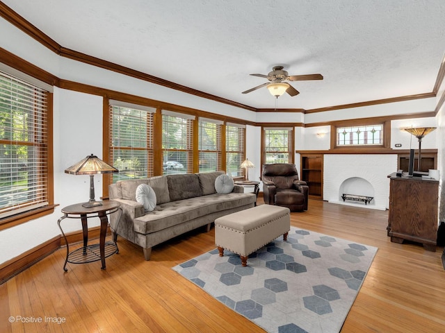 living area with ceiling fan, light wood-type flooring, ornamental molding, a textured ceiling, and baseboards