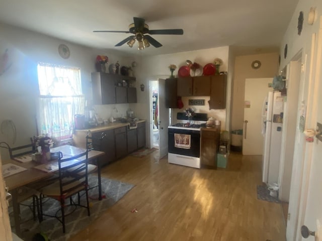 2552 N Austin Ave, Chicago, IL 60639 - kitchen featuring white appliances, light wood finished floors, ceiling fan, and light countertops
