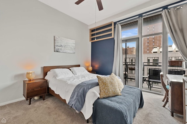 bedroom featuring carpet floors, access to exterior, baseboards, and a ceiling fan