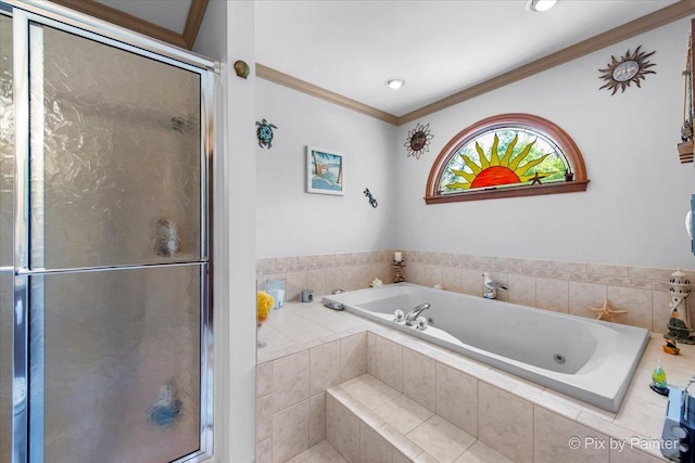 1211 Prairie Dr, Algonquin, IL 60102 - full bath featuring a bath, a shower stall, ornamental molding, and recessed lighting