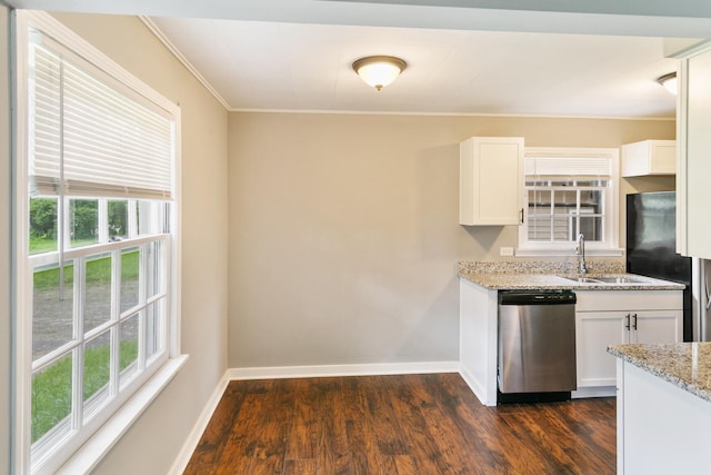 17725 Henry St, Lansing, IL 60438 - kitchen with stainless steel dishwasher, dark wood-style flooring, a sink, freestanding refrigerator, and crown molding