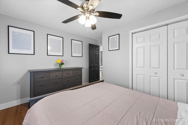 3121 Paris Ave Unit 304, River Grove, IL 60171 - bedroom with a closet, wood finished floors, baseboards, and ceiling fan