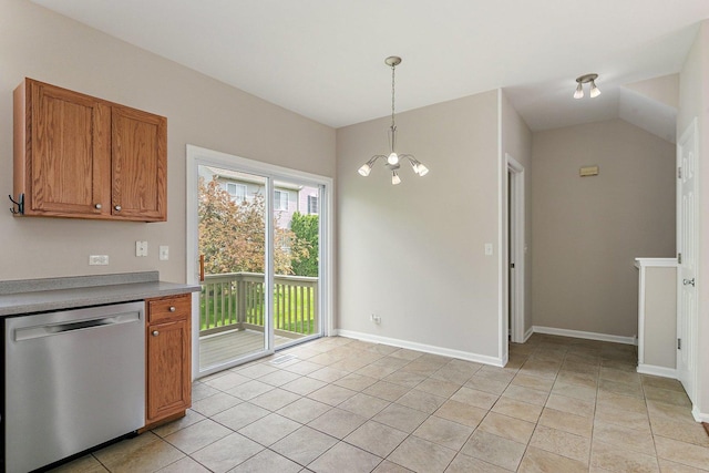 kitchen featuring stainless steel dishwasher, brown cabinets, light tile patterned floors, a chandelier, and hanging light fixtures