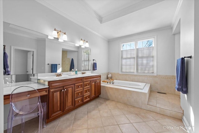 bathroom with tile patterned flooring, a garden tub, double vanity, and crown molding