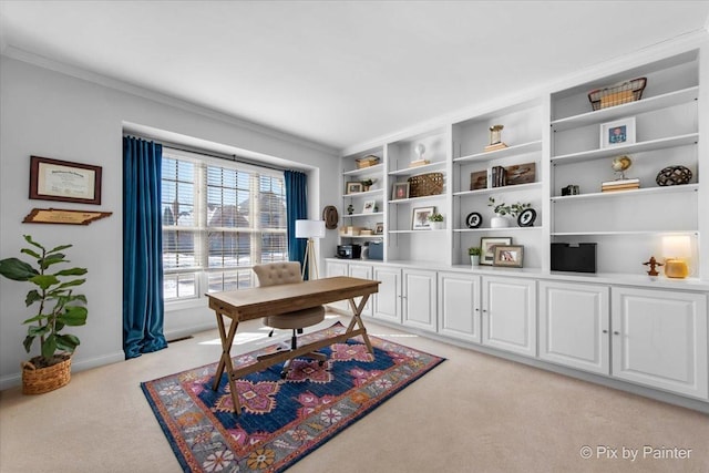 office featuring light carpet, ornamental molding, and baseboards