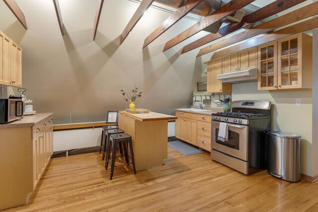 3809 N Kenmore Ave, Chicago, IL 60613 - kitchen with stainless steel appliances, under cabinet range hood, light brown cabinets, a breakfast bar area, and light wood finished floors
