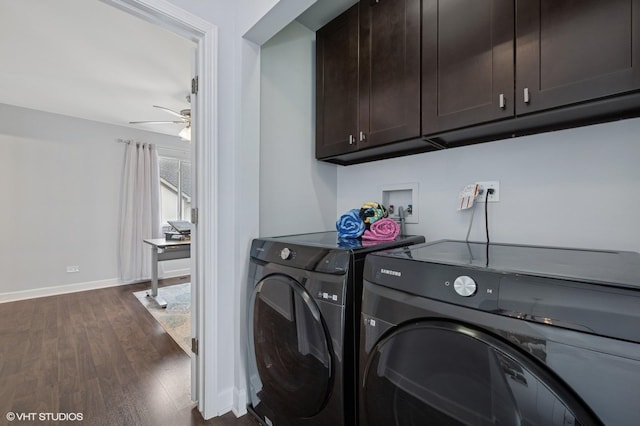 684 Diamond Pointe Dr, Mundelein, IL 60060 - laundry room featuring washing machine and clothes dryer, cabinet space, dark wood-style floors, a ceiling fan, and baseboards