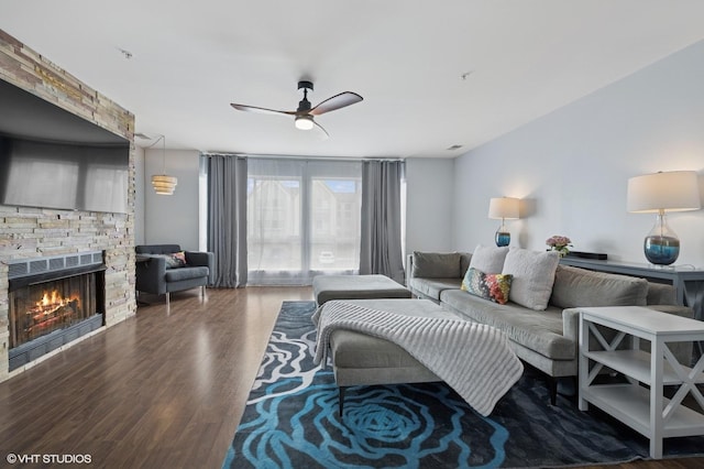 684 Diamond Pointe Dr, Mundelein, IL 60060 - living area featuring ceiling fan, wood finished floors, and a fireplace