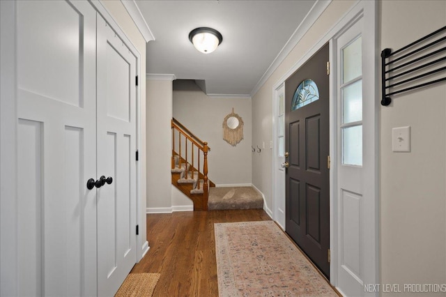 20 S Cambridge Dr, Geneva, IL 60134 - entryway with ornamental molding, stairway, wood finished floors, and baseboards