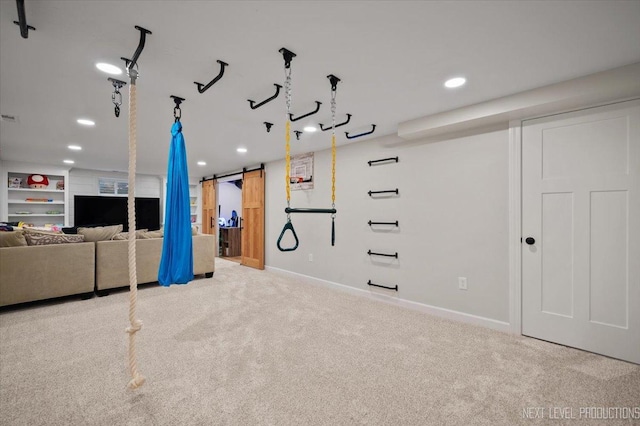 20 S Cambridge Dr, Geneva, IL 60134 - exercise area with carpet, recessed lighting, a barn door, and baseboards