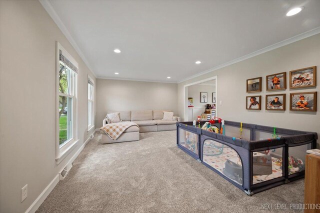 20 S Cambridge Dr, Geneva, IL 60134 - living room with carpet flooring, recessed lighting, ornamental molding, and baseboards