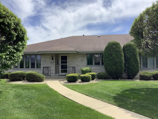 ranch-style house featuring a front lawn, brick siding, and roof with shingles