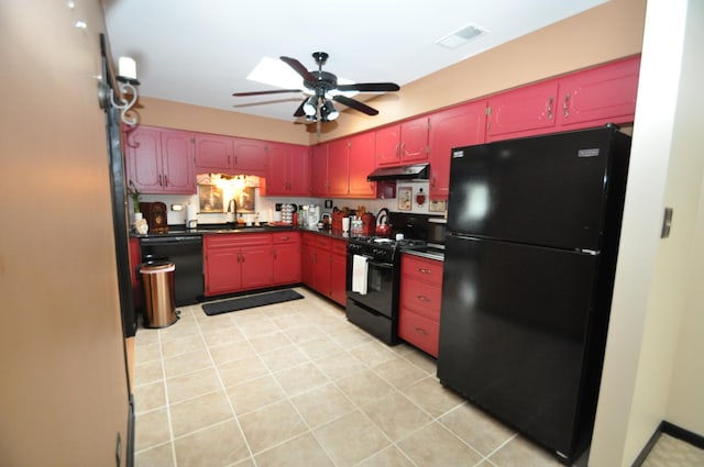 815 Meadow Rdg Unit 2, New Lenox, IL 60451 - kitchen featuring black appliances, a sink, dark countertops, a ceiling fan, and under cabinet range hood