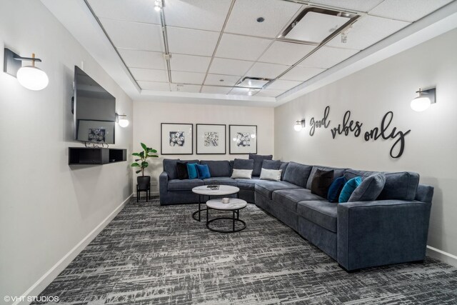 30 E Huron St Unit 1110, Chicago, IL 60611 - carpeted living room with baseboards and a paneled ceiling