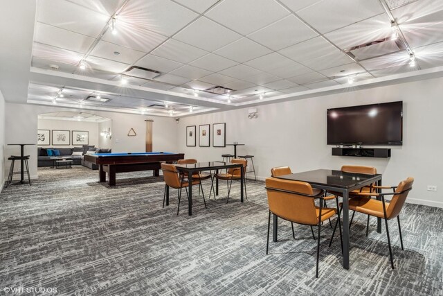 30 E Huron St Unit 1110, Chicago, IL 60611 - rec room with carpet flooring, baseboards, billiards, and a raised ceiling