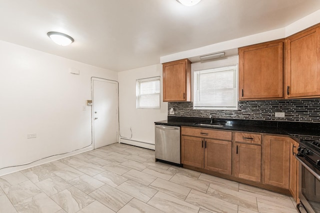 kitchen featuring stainless steel appliances, a baseboard heating unit, brown cabinetry, and backsplash