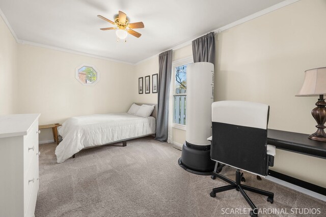 carpeted bedroom with multiple windows, ornamental molding, a desk, baseboards, and a ceiling fan