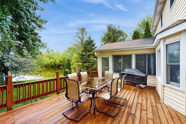 190 Washo Ct, Lake Zurich, IL 60047 - wooden terrace featuring outdoor dining space, a water view, and a grill