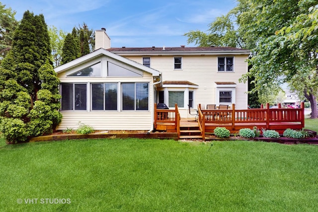 190 Washo Ct, Lake Zurich, IL 60047 - rear view of property with a wooden deck, a chimney, a lawn, and a sunroom